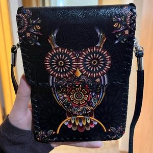 Owl Purse- black faux leather, hippie boho vibes, excellent condition